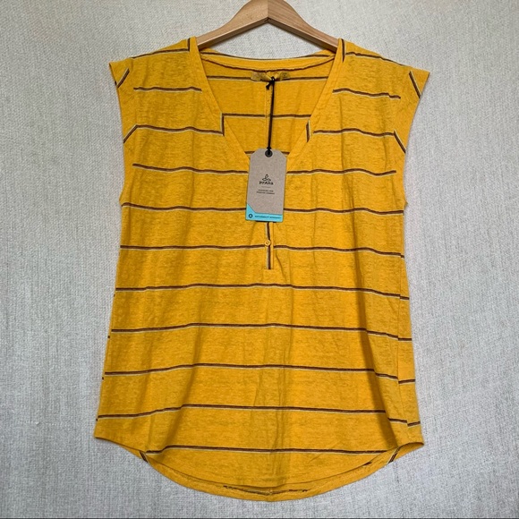Prana Tops - Prana Moraine Henley NWT amber mustard striped hemp tencel M Medium